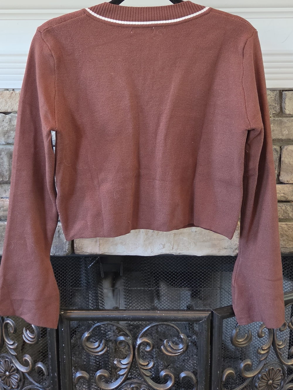 EARTHBOUND Rust Brown V-Neck Sweater with Green & Pink Mushroom Motifs - Picture 3 of 3